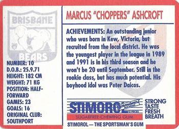 1991 Scanlens Stimorol #145 Marcus Ashcroft Back